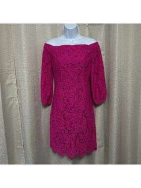 Trina Turk Azul Off The Shoulder Lace Dress Women's Sz 0 Brilliant Fuchsia Pink